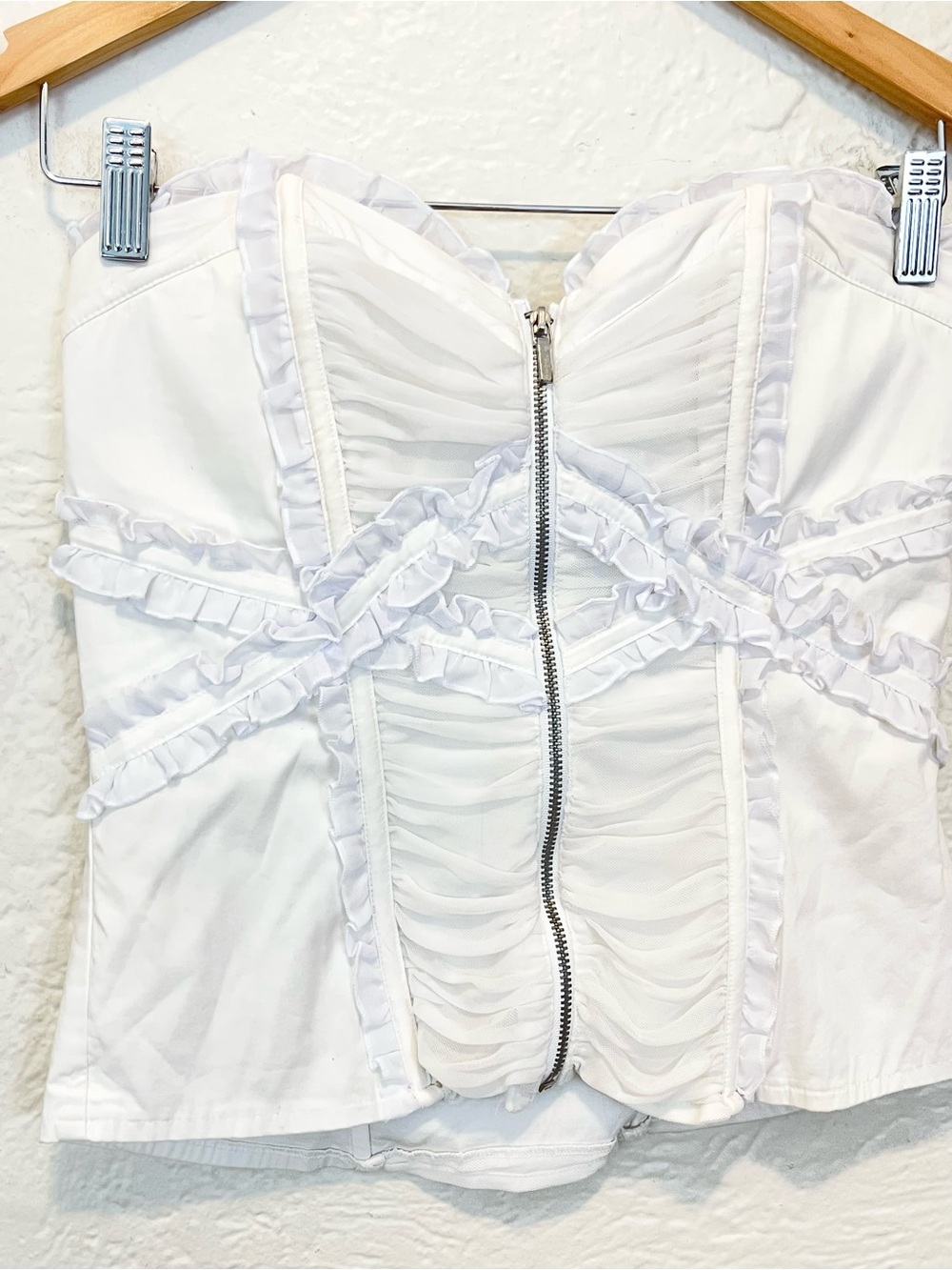 Vintage Bebe Corset Bustier Top White Ruffle Ruched Coquette Fairy 90s Y2K Small - Picture 8 of 11